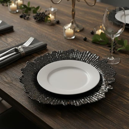 LOYALHEARTDY 24 Pack 13 Inch Black Charger Plates, Plastic Reef Textured Rim Round Decorative Underplates for Wedding, Party, Dinner Table