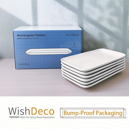 Small Rectangle Plates Set of 6, White Serving Platters 9 inch, Ceramic Sushi Plates, Serving Plate for Appetizer, Dessert, Party, Microwave Safe