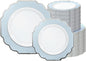 " OCCASIONS " 240 Plates Pack (120 Guests) Heavyweight Wedding Party Disposable Plastic Plates Set -120 x 10.5'' Dinner + 120 x 8'' Salad/Dessert Plate (Imperial in White/Blue & Silver)
