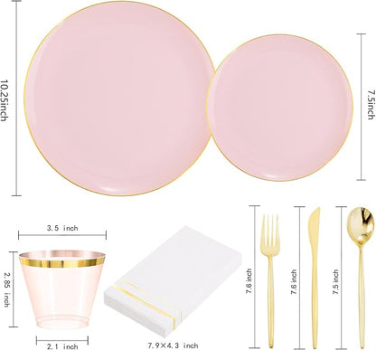 MirthMood 210PCS Pink Plastic Plates with Gold Rim – Plastic Plates Set Includes 30 Dinner,30 Dessert Plate,30 Cup&30 Napkins 90 Gold Silverware for Wedding&Birthday Parties&Valentine's Day