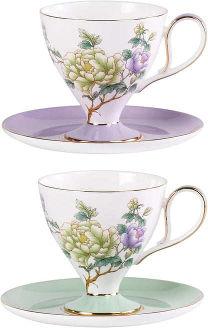 KAMMAK Ceramic Coffee Cups Saucers Set of 2, Porcelain Espresso Cups by KAMMAK