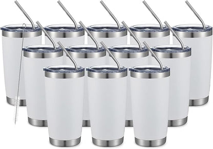 COMOOO 20oz White Tumbler Double Wall Vacuum Insulated Travel Mug Stainless Steel Coffee Mug with Lid and Straw Durable Powder Coated Insulated Coffee Cup for Cold & Hot Drinks (White,12 pack