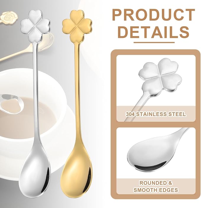 PATIKIL 4pcs Coffee Spoons, Four Leaf Grass Tea Spoons 304 Stainless Steel - Image 3