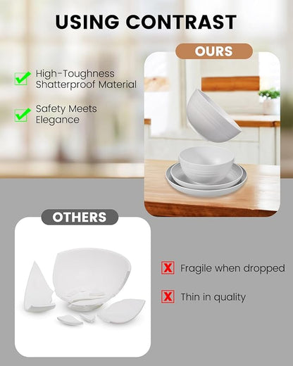 24 Pcs Dinnerware Set- Dinner Plates Set- Picnic & Camping- Unbreakable & Reusable- Includes 4x 9in, 4x 8in Plates, 4x 6in Bowls, 4 Cups, 4 Stainless Steel Forks and Spoons- Kitchen, Dorm, Office
