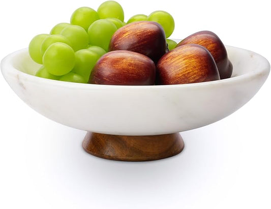 White Marble Fruit Bowl with Acacia Wood Pedestal, Large Decorative Footed Bowl, Natural Stone Centerpiece for Kitchen Counter, Entryway, Keys, Dining Table, House Warming Gifts New Home(11Inch)