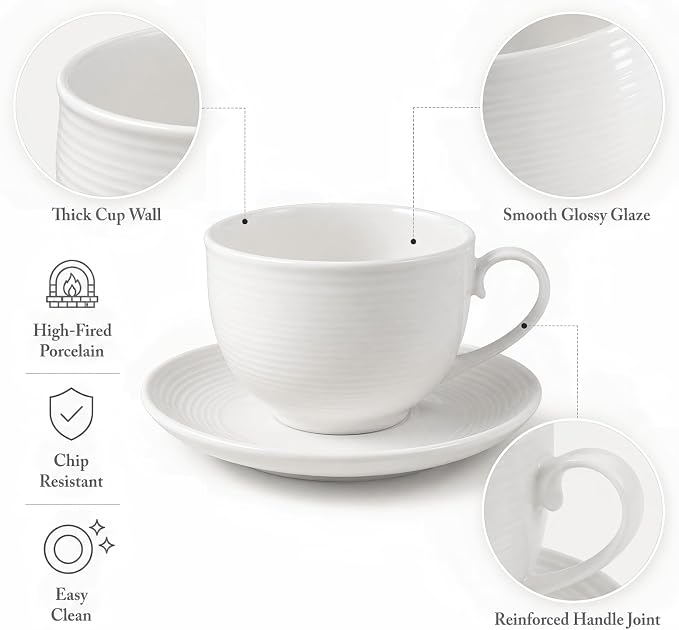 Porcelain Cappuccino Cups with Saucers, 4-Piece Coffee Cup Set | Glossy - Image 7