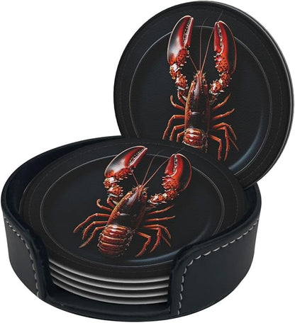 Lobster on a Plate Printed Leather Coasters for Drinks, Set of 6 Drink Coaster Dining Room Decor Cup Coasters