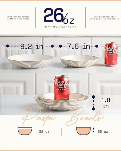 getstar Pasta Bowls, Large Salad Serving Bowls (7.6 inch & 22 oz), Ceramic Bowl Plates Set of 4, Farmhouse Embossments, Microwave and Dishwasher Safe
