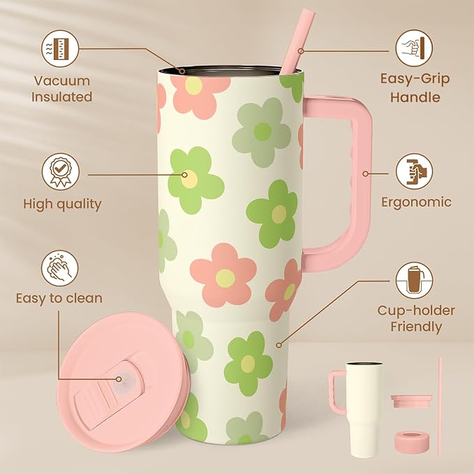 SANDJEST Daisy Tumbler with Handle 40oz, Floral Cup Stainless Steel Insulated - Image 2