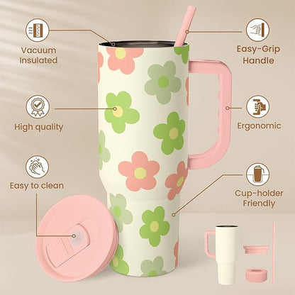 SANDJEST Daisy Tumbler with Handle 40oz, Floral Cup Stainless Steel Insulated - Image 2