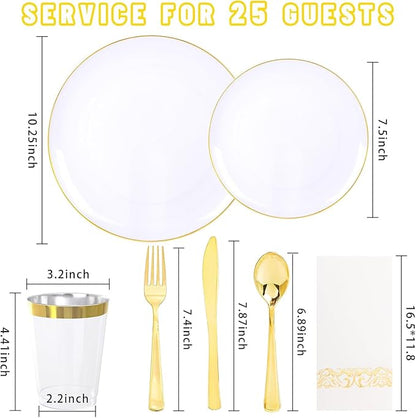 YOUBET 175PCS Gold Rimmed Plastic Plates - White and Gold Disposable Plates Includes 25 Dinner Plate, 25 Dessert Plate, 75Silverware, 25 Cups, 25 Napkins for Wedding & Party