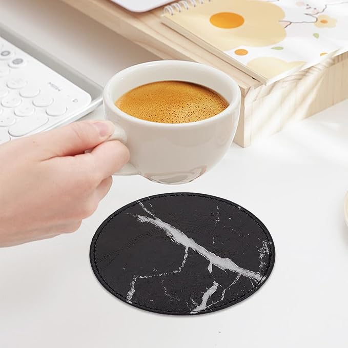 6PCS 4 Inch Black Marble PU Leather Round Cup Holders Coasters - Image 7