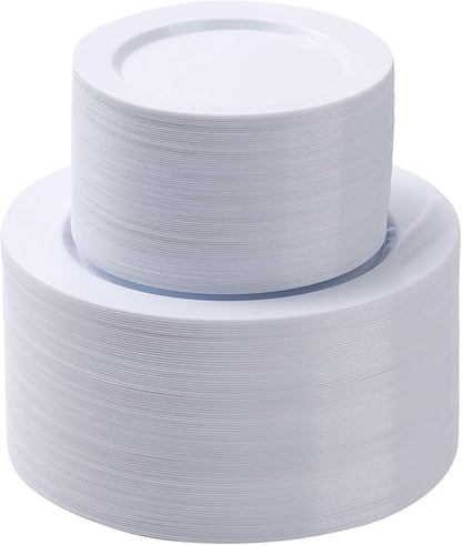 Goodluck 200PCS White Plastic Plates, Heavy Duty Disposable Plates with 100 10.25 inch Dinner Plates and 100 7.5 inch Dessert Plates for Party, Holiday, Wedding, Thanksgiving