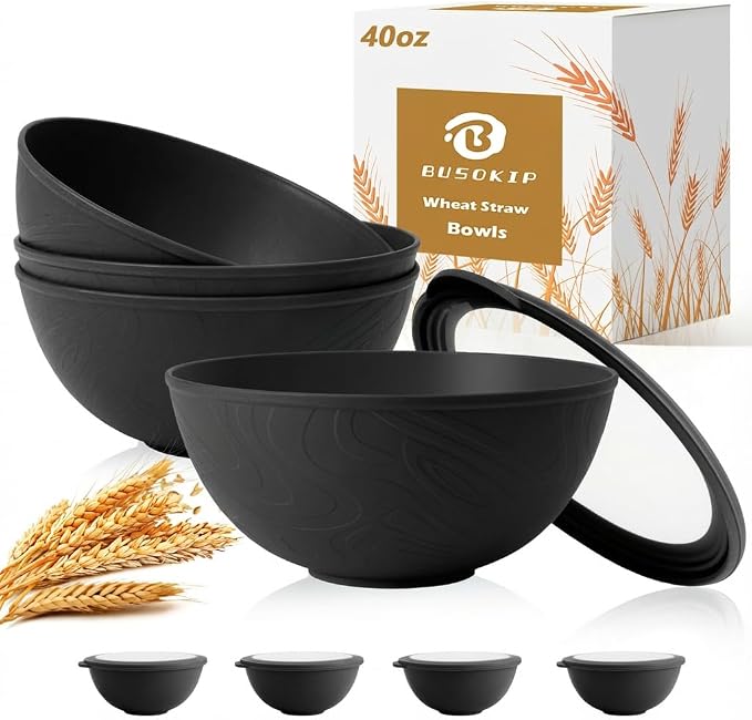 Wheat Straw Bowls Sets of 8, 40 OZ Unbreakable Salad Bowl by BUSOKIP