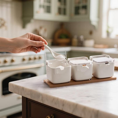 Lucky Goddness Ceramic Sugar Bowl with Lids and Spoons Serving Tray, Porcelain Sugar Container for Pepper Sugar Salt,Salt Condiment with Chalkboard Labels for Home Kitchen,250 ML