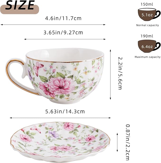 Agyiuns Tea Cup and Saucers, 6.4oz Floral Tea Cups - Image 2