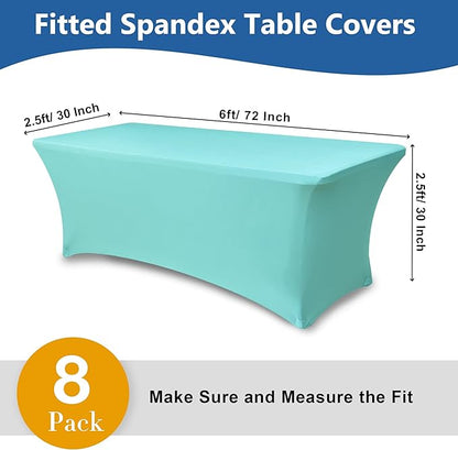 Fitted Stretch Table Cover for 6 foot Rectangle Tables-8 Pack Aqua Blue Spandex Tablecloth-Elastic Folding Tablecloths for Party, Vendor Booth Display, Banquet Buffet Event, Craft Trade Show