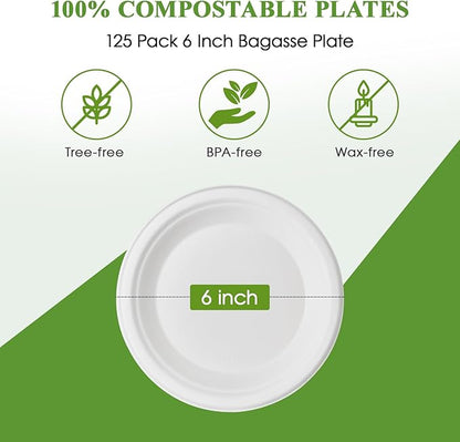 Vplus 125 Pack 6 inch Paper Plates 100% Compostable, Heavy-Duty Disposable Paper Plates Bagasse Natural Biodegradable Eco-Friendly Sugarcane（White）
