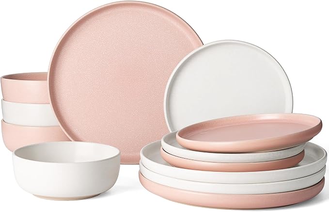 Famiware Milkyway 12-Piece Dinnerware Set, Matte Beige White & Light Pink | by Famiware