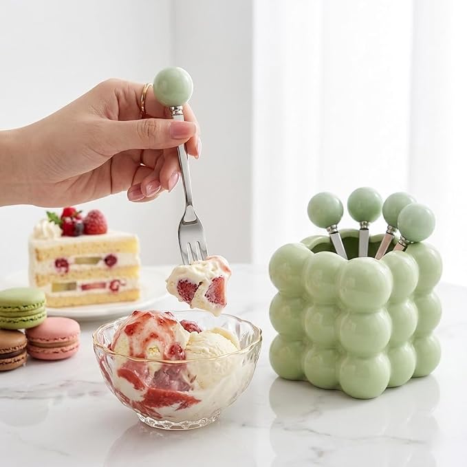 6 Piece Stainless Steel Fruit Fork Set Ceramic Holder Cyan | 304 Reusable - Image 5