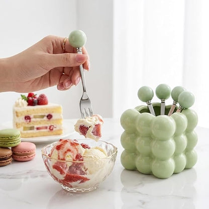 6 Piece Stainless Steel Fruit Fork Set Ceramic Holder Cyan | 304 Reusable - Image 5