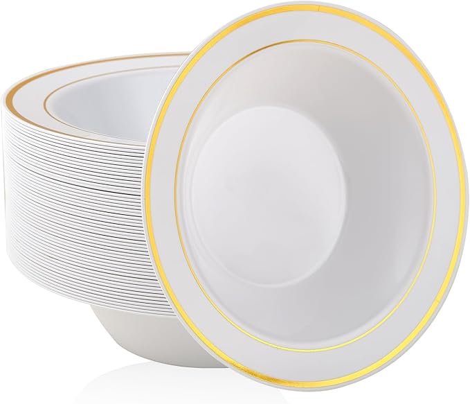 100PCS Plastic Bowls with Gold Rim 12oz Disposable Soup Bowls | Plastic Bowls by JOLLYPARTY