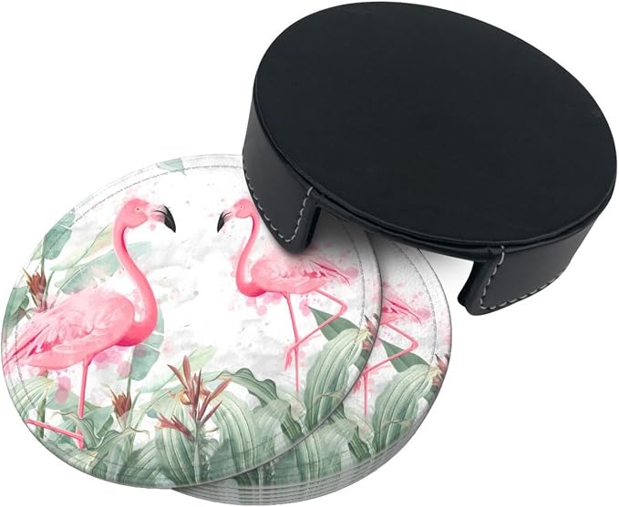 6 Pcs Watercolor Tropical Flamingo Leather Coasters - Image 4