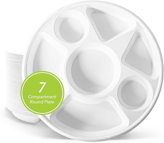 three leaf 7 COMPARTMENT BAGASSE ROUND PLATE, 50 Ct. Heavy-Duty- Super Strong- Natural- Eco-Friendly Disposable Bagasse Plates, 100% Biodegradable 7 compartment plates