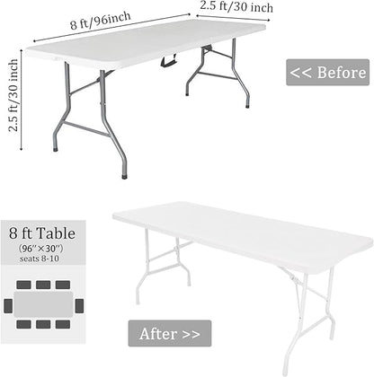 4 Pack Spandex Table Top Cap Cover Stretch Fitted Washable Elastic Rectangle Tablecloth for 8 FT Folding Tables for Indoor Outdoor Party (96 x 30 Inches, White)