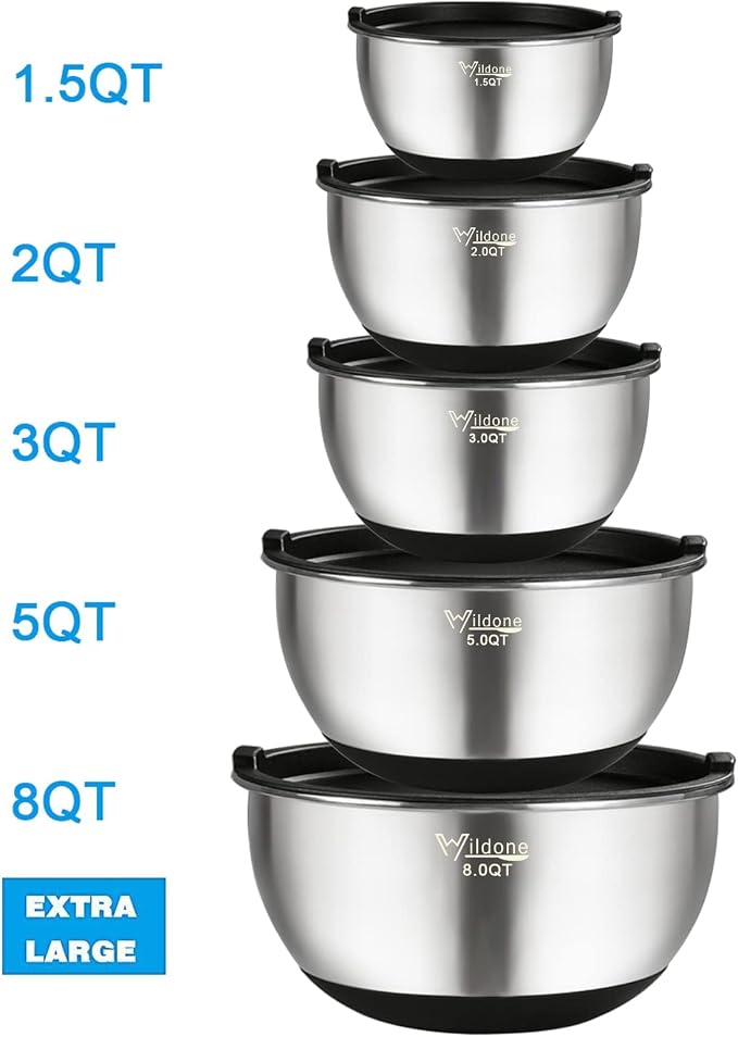 Wildone Mixing Bowls with Lids Set, Stainless Steel Mixing Bowls Set of 5 | - Image 7