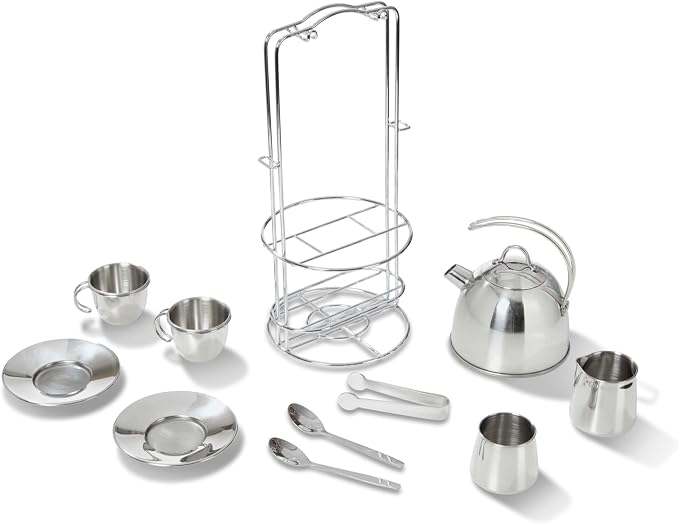 Melissa & Doug Stainless Steel Pretend Play Tea Set and Storage Rack by Unknown