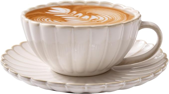 Vintage Porcelain Coffee Cup and Saucer Set, 12 OZ Ceramic Latte Mug by Unknown