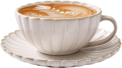Vintage Porcelain Coffee Cup and Saucer Set, 12 OZ Ceramic Latte Mug by Unknown