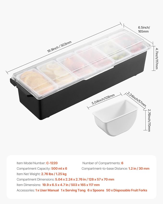 VEVOR Chilled Condiment Server, 6 Compartment Ice Cooled Condiment Serving - Image 7