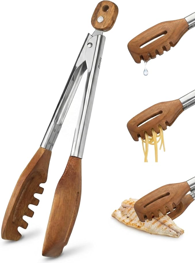 3-in-1 Kitchen Tongs & Pasta Server – 12 Inch Walnut Multifunction Tongs by Boxikikitchen