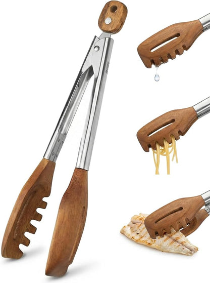 3-in-1 Kitchen Tongs & Pasta Server – 12 Inch Walnut Multifunction Tongs by Boxikikitchen
