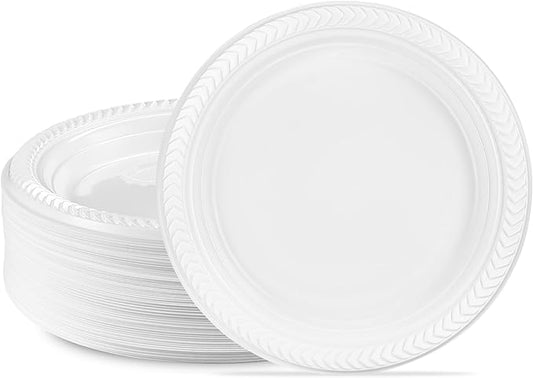 PLASTICPRO 200 PCS White Plastic Round 7 Inch Plates - Premium Quality, Light Weight Disposable Dinner Plates for Parties & Weddings