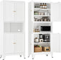 Metal Pantry Storage Cabinet, 69" Tall Storoge Cabinet with 4 Doors & 3 Adjustable Shelves, Microwave Stand with Storage for Kitchen, Dining Room, Living Room (1PC,White)