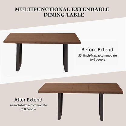 ZckyCine 67" Expandable Walnut Dining Table with 6 PU Leather Chairs, 7-Piece Modern Dining Set, Sturdy Metal Legs, Adjustable 51"-67" Rectangle Table for Kitchen & Dining Room