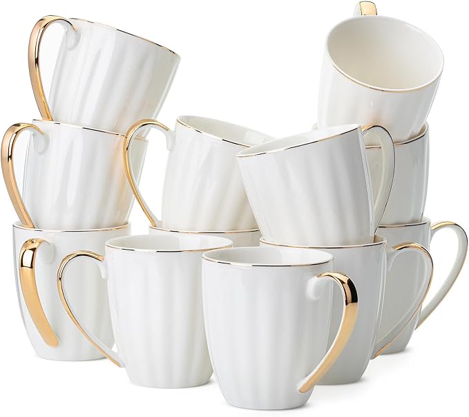 BTaT- White Coffee Mugs with Gold Rim, Porcelain Coffee Mugs by BrewToATea