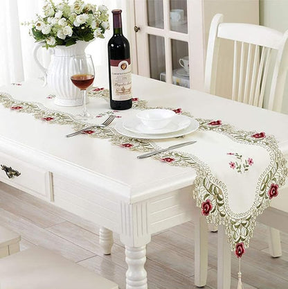 LeLehome 15 Inch X 104 Inch Classic Table Runner Flowers Embroidered Lace Beige - Image 2