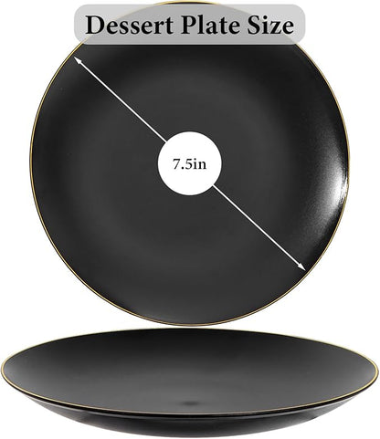 EI enjonirinjonir 80pcs Black Dessert Plates with Gold Rim,7.5inch Heavy Duty Disposable Matte Plastic Party Platos Frosted Small Black Dessert/Cake/Appetizer Plastic Plates for Wedding/Tea Party
