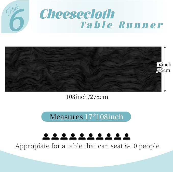 6 Pack Black Cheesecloth Table Runner, 17 x 108 Inch, Gauze Cheese Cloth Table - Image 2
