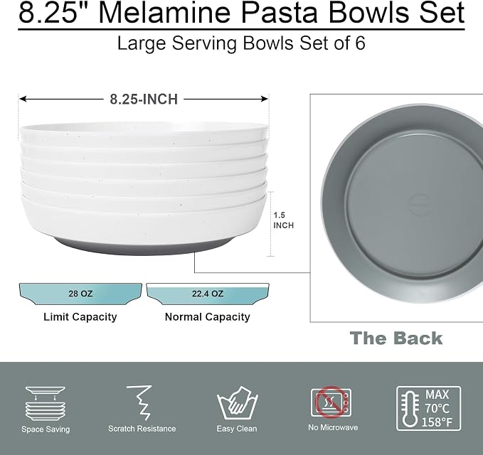 Webbylee 8.25" Melamine Pasta Bowls Set of 6-28oz Melamine Large Salad - Image 2