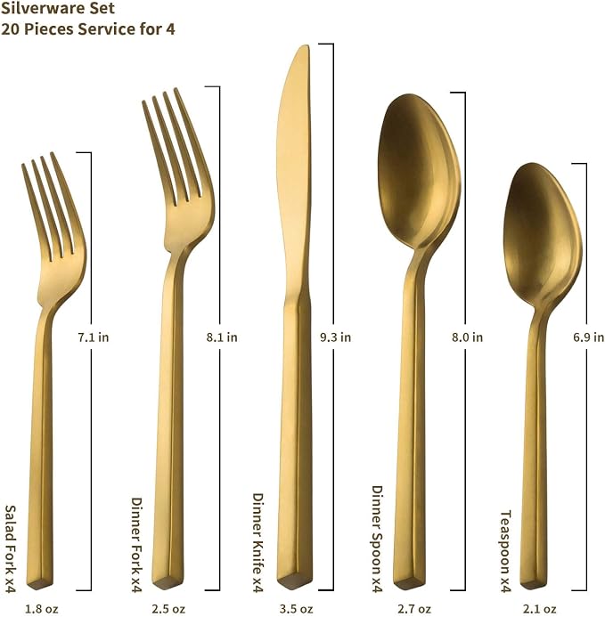 Alata Cube Gold 45-Piece Flatware Set, Forged Cutlery Set, Matte Gold - Image 4