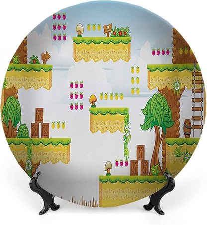 Ceramic Display Plate, Video Games Ceramic Hanging Decorative Plate, Cartoon Retro Computer Graphic Kids Western, 6 Inch, Living Room Kitchen Decoration Household, Multicolor