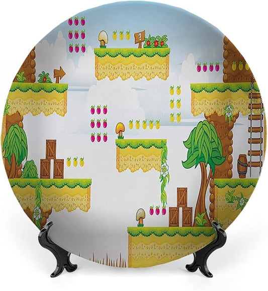 Decorative Plates, Video Games Print Ornament, Cartoon Retro Computer Graphic Kids Western, 7 Inch, Kitchen Wall Decor, Multicolor