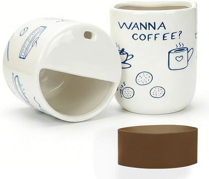 Ceramic Travel Mug with Half Lid, Funny Blue Pattern Ceramic Coffee Mug with by KOIMYSA