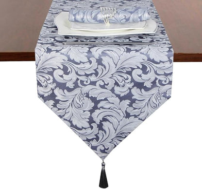 EHouseHome Jacquard Damask Reversible Blue and Grey Table Runners - Image 3