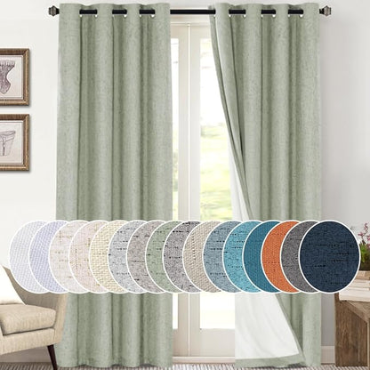 PrinceDeco Blackout Curtains 108 Inches Long 2 Panels 100% Blackout Linen Textured Curtains for Bedroom Extra Long Drapes for Living Room Thermal Insulated with White Liner，52 x 108 Inch,Sage
